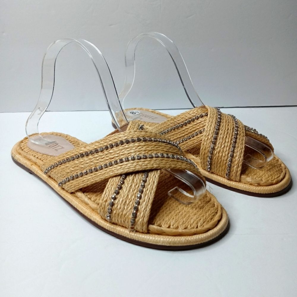 Schutz Carlotta Crystal Embell. Criss Cross Raffia Slides